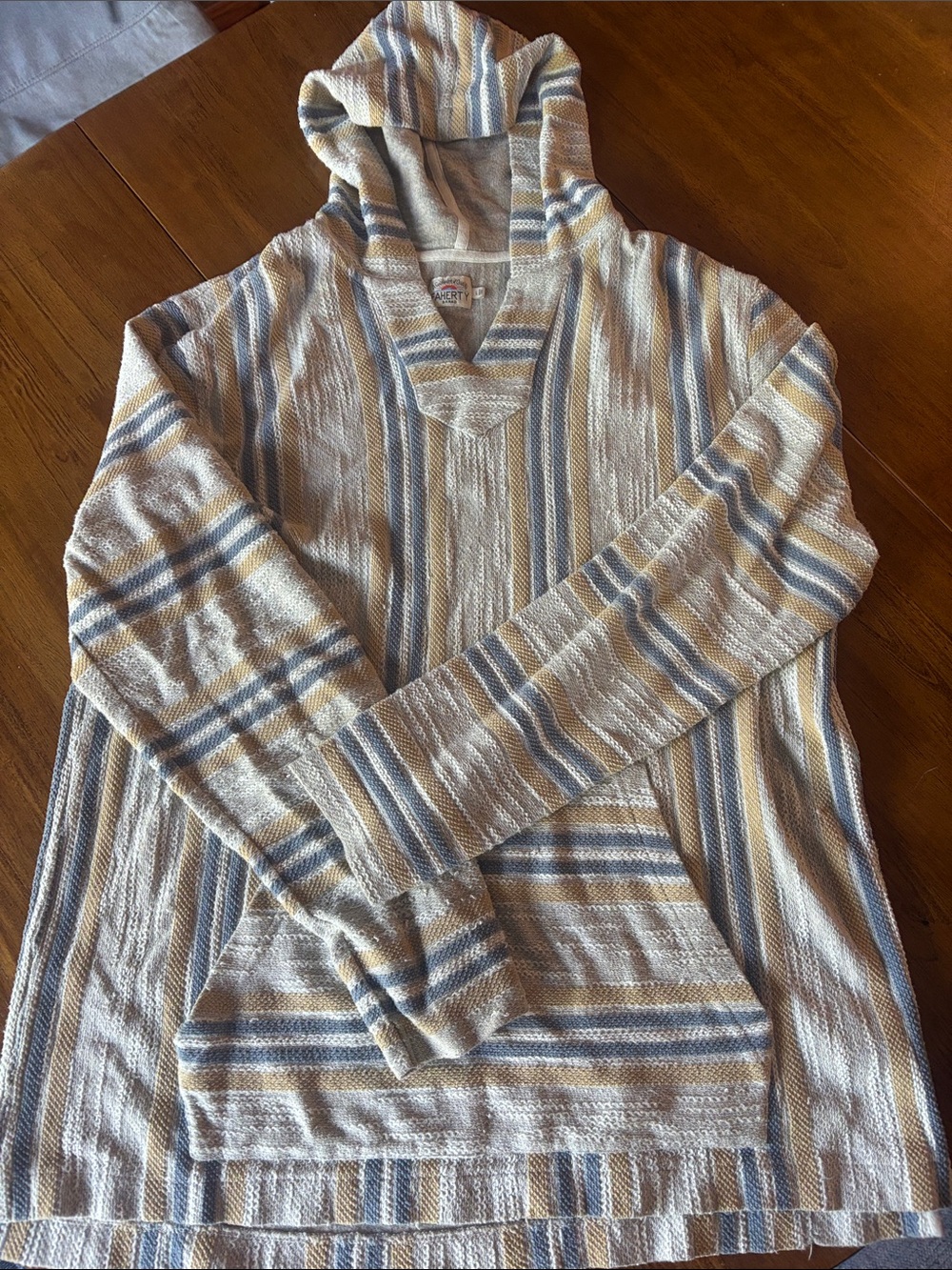 Feathery Striped Hooded Baja Pullover Sweater - Cream & Blue